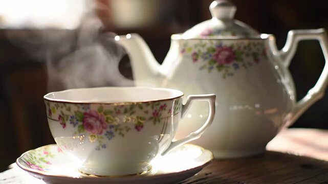 A delicate teacup with floral patterns sits on a matching saucer next to a teapot on a wooden table