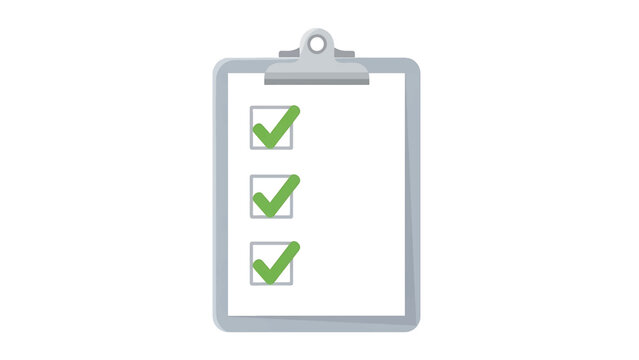 A cartoon-style depiction of a clipboard with three check boxes, each marked with a green check mark. The background is white