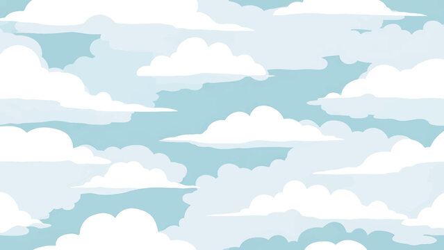 A cartoon sky featuring fluffy white clouds against a pale blue backdrop. It is a seamless pattern suitable for various applications