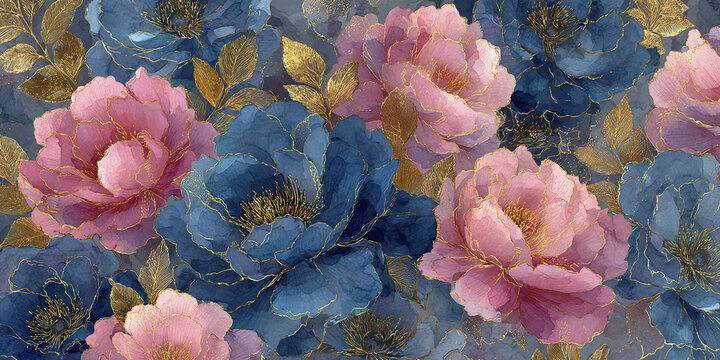 Luxury watercolor rose seamless pattern with blush pink and deep blue flowers, accented by elegant gold leaves, creating rich and sophisticated floral design full of charm and beauty