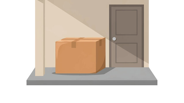 A cartoon illustration depicts a cardboard box on a concrete stoop near a door, with sunlight casting a shadow