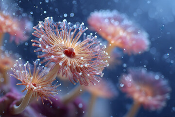 Fototapeta premium Macro view of living coral polyps with delicate tentacles and tiny bubbles underwater, showcasing intricate marine life in soft blue and pink hues, creating serene ocean scene