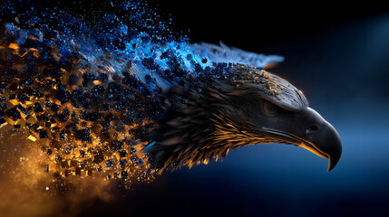 Un aigle 3D se dissolvant en minuscules pixels lumineux
