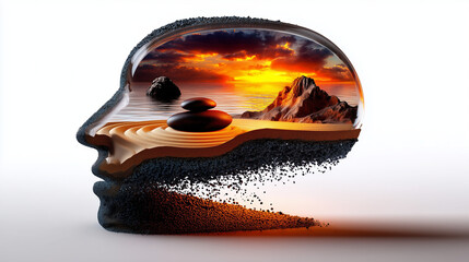 Une silhouette de t&ecirc;te en verre transparent contenant une plage zen au sable ratiss&eacute;, une pierre flottante et un coucher de soleil