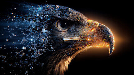 Un aigle 3D se dissolvant en minuscules pixels lumineux