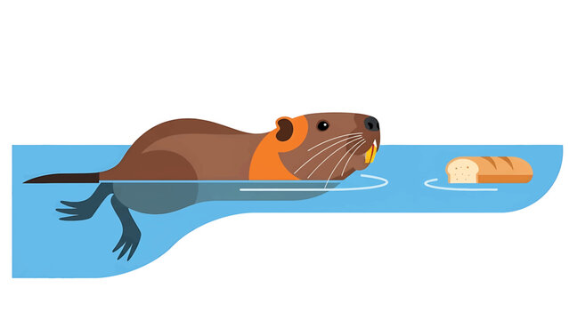 A cartoon-style illustration of a beaver swimming in water towards a loaf of bread. The beaver has a brown body, an orange bib, and yellow teeth
