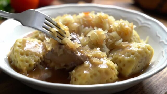 A plate of dumplings smothered in gravy with a fork