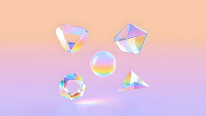 Abstract 3d geometric shapes with holographic effect floating on a vibrant gradient background