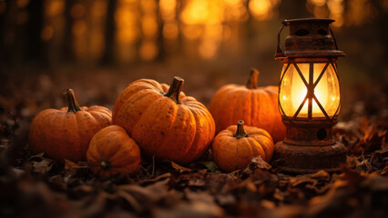 Cozy autumn scene with pumpkins and a glowing lantern on fallen leaves