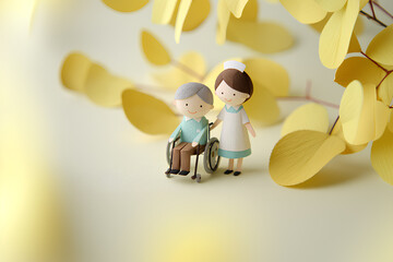 紅葉の中を散歩する車椅子と介護士のやさしい時間／まみおデザイン福祉シリーズ
