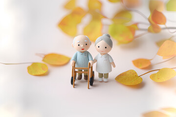 紅葉の中を散歩する車椅子と介護士のやさしい時間／まみおデザイン福祉シリーズ
