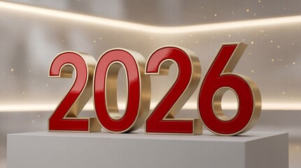 2026 Red and Gold Metallic Numbers 3D Render on White Pedestal