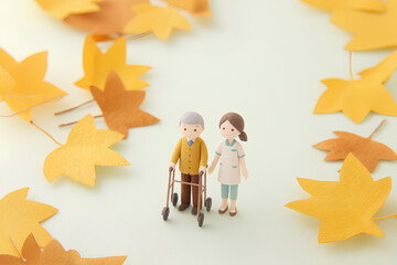 紅葉の中を散歩する車椅子と介護士のやさしい時間／まみおデザイン福祉シリーズ
