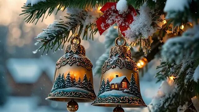 Winter holiday bells hanging on a snow-covered pine tree with lights at sunset
