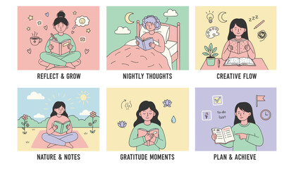 Personal growth routines illustration set selfcare journaling planning creativity and daily reflection © Creative Office Pro