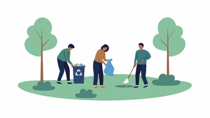 People volunteering to clean up a park collecting trash and sweeping