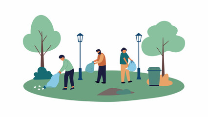 Community volunteers cleaning up a park with trees and trash bags