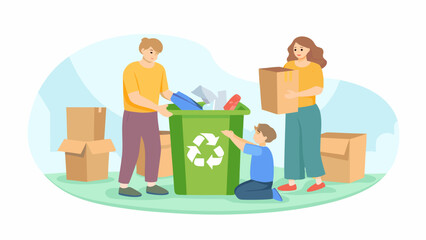 Family sorting recycling and waste into bins for environmental sustainability