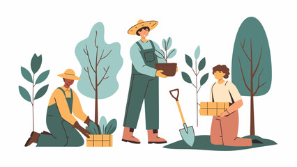 People planting trees and nurturing seedlings in a vibrant garden scene