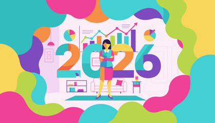 Businesswoman achieving 2026 financial goals Vibrant illustration of data charts and growth projections
