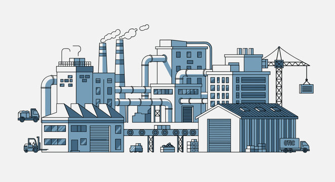 Urban industrial complex line art illustration showing factory buildings logistics production and manufacturing