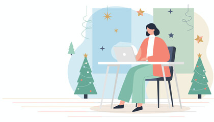 Holiday work concept Woman using laptop at desk in office decorated with Christmas trees © Creative Office Pro