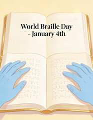 Illustration of an open Braille book with gold-edged pages, light blue hands touching the text, celebrating World Braille Day, January 4th, symbolizing literacy and accessibility