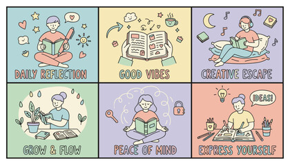 Doodle art panels showing journaling reading and selfcare activities for mental health creativity and reflection © Creative Office Pro