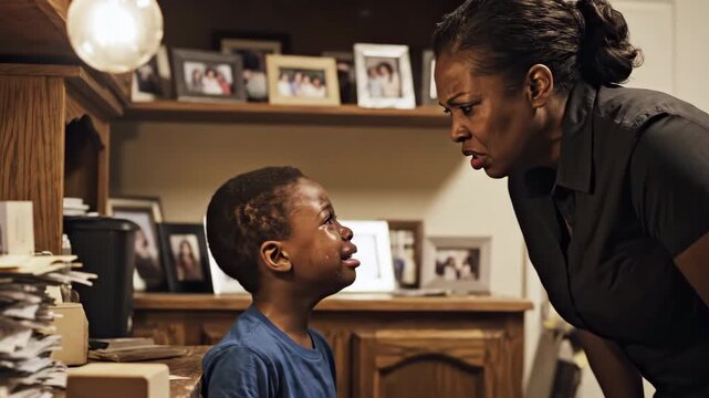 Angry adult woman scolding a crying child at home. Concept of family conflict and discipline