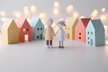 街の灯りに包まれるリハビリ中の高齢者と介護士／まみおデザイン福祉シリーズ
