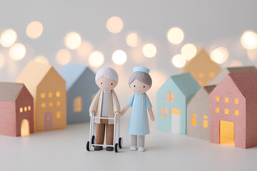 街の灯りに包まれるリハビリ中の高齢者と介護士／まみおデザイン福祉シリーズ
