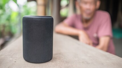Smart speaker device in focus with senior woman blurred in background, modern home technology and digital assistance concept, editable image for tech or healthcare use.