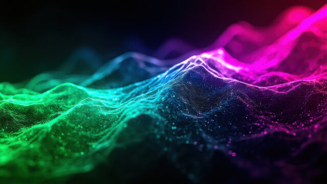 Abstract digital landscape with glowing neon waves in green and pink hues - Powered by Adobe