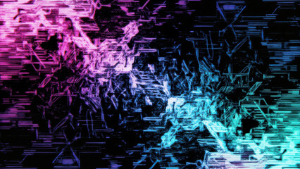 Abstract digital glitch art with vibrant pink and cyan neon lines on black background