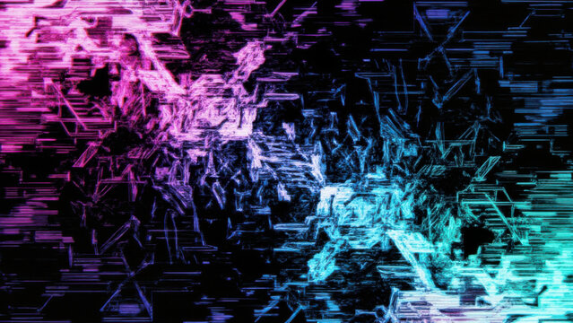 Abstract digital glitch art with vibrant pink and cyan neon lines on black background - Powered by Adobe