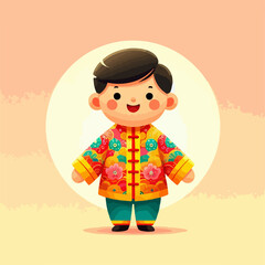 Cartoon illustration of people wearing Chinese New Year clothes