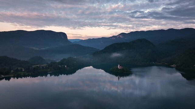 Aerial view of the recreation area at Lake Bled in Slovenia