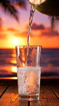 Fresh Coconut Water Pouring Sunset Beach Tropical Drink