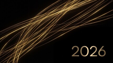 Elegant, Futuristic, Abstract Golden Light Streaks on Black Background with the Year 2026