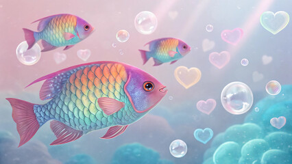 Candy-Colored Valentine Background with Iridescent Fish Scale Glow and Floating Hearts