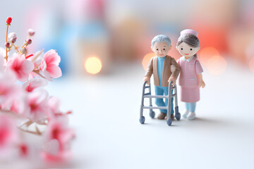 桜の花に包まれてリハビリする高齢者と介護士／まみおデザイン福祉シリーズ
