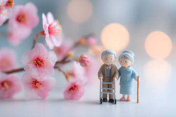 桜の花に包まれてリハビリする高齢者と介護士／まみおデザイン福祉シリーズ
