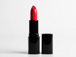 Obraz premium Bright red lipstick in black tube isolated on white background