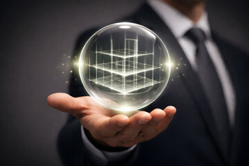 Businessman holding crystal ball with digital grid