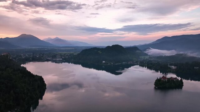 Aerial view of the recreation area at Lake Bled in Slovenia
