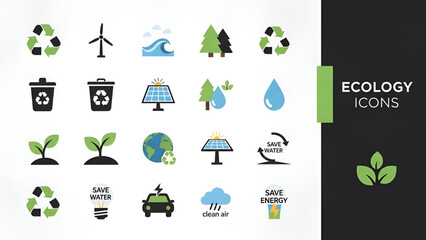 Ecology icons showing recycling energy water conservation clean air waste management renewable power environmental protection pollution awareness for sustainable business education and marketing use