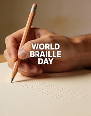 Photorealistic close-up of a hand holding a pencil next to the text &ldquo;WORLD BRAILLE DAY&rdquo;, symbolizing literacy, accessibility, education, and the importance of Braille learning