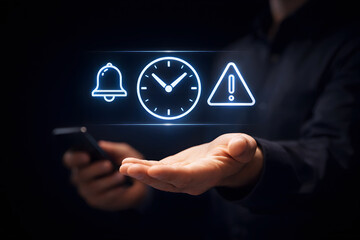 Man with clock, bell and alert icons on digital interface