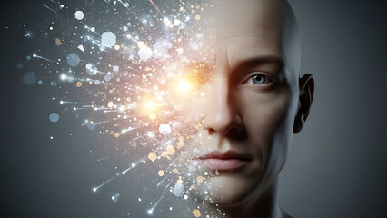 Bald man with futuristic glowing particles exploding from face