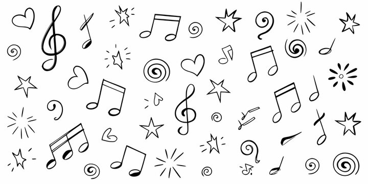 A collection of hand drawn musical notes symbols and decorative elements